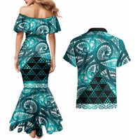 Matariki New Zealand Couples Matching Mermaid Dress and Hawaiian Shirt NZ Niho Taniwha Maori New Year Cyan Galaxy