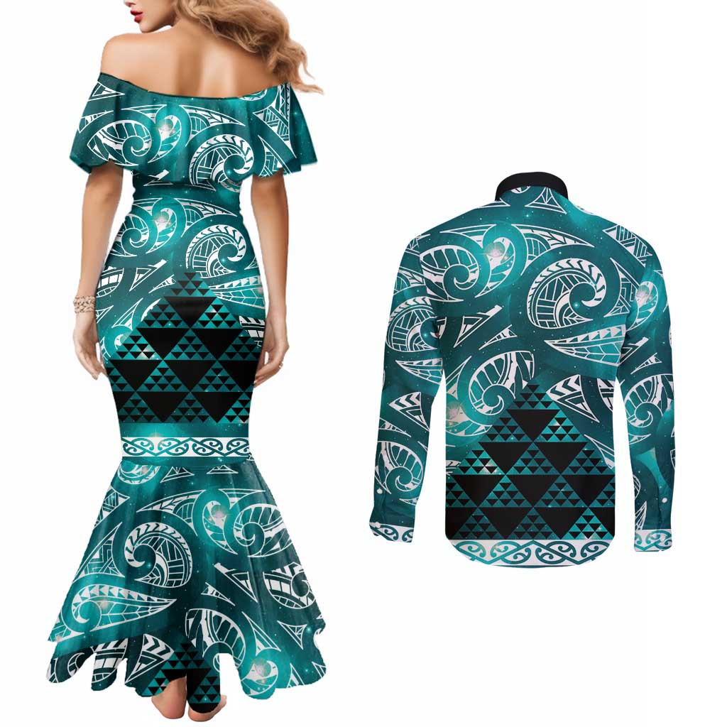 Matariki New Zealand Couples Matching Mermaid Dress and Long Sleeve Button Shirt NZ Niho Taniwha Maori New Year Cyan Galaxy