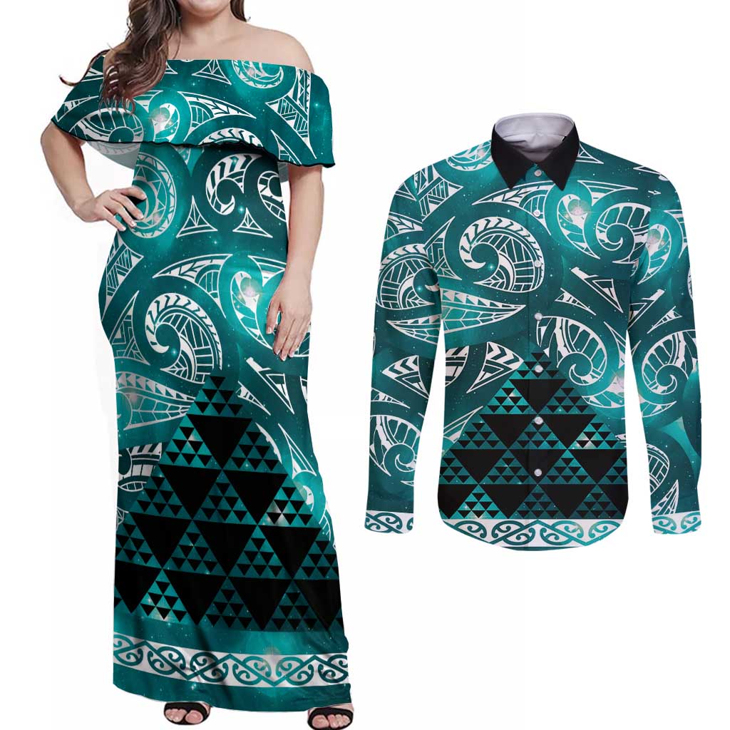 Matariki New Zealand Couples Matching Off Shoulder Maxi Dress and Long Sleeve Button Shirt NZ Niho Taniwha Maori New Year Cyan Galaxy