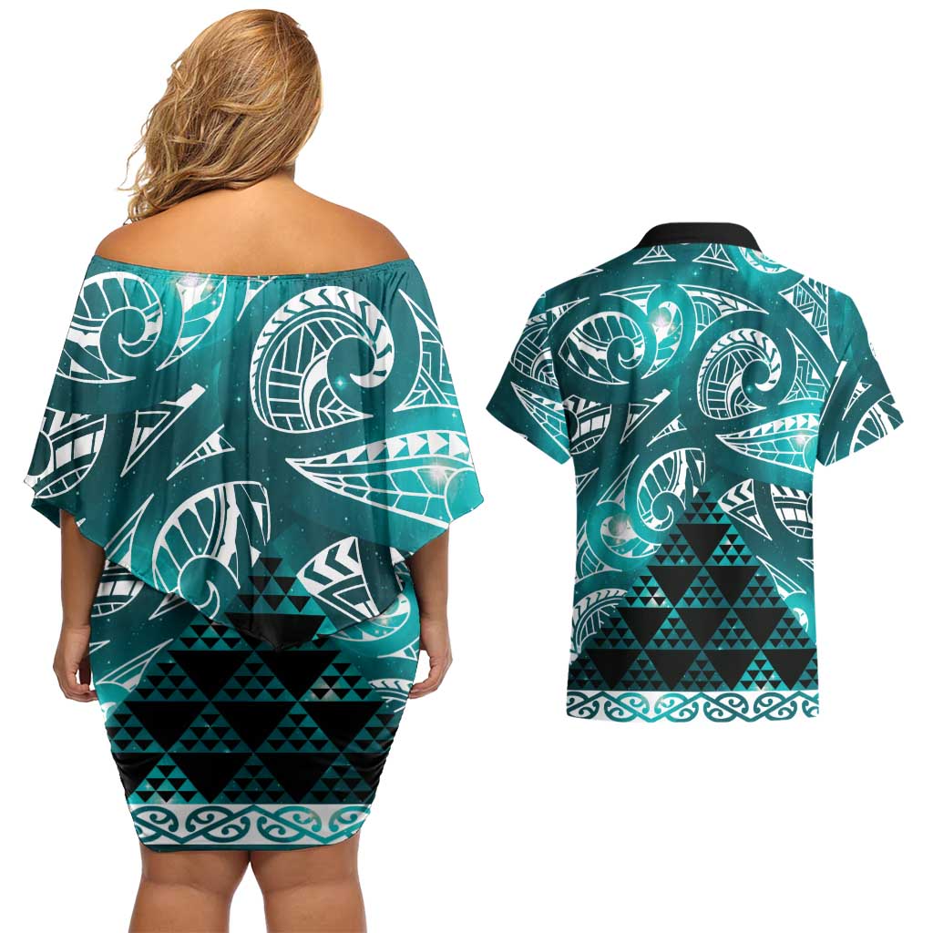 Matariki New Zealand Couples Matching Off Shoulder Short Dress and Hawaiian Shirt NZ Niho Taniwha Maori New Year Cyan Galaxy