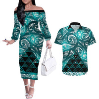 Matariki New Zealand Couples Matching Off The Shoulder Long Sleeve Dress and Hawaiian Shirt NZ Niho Taniwha Maori New Year Cyan Galaxy