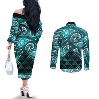 Matariki New Zealand Couples Matching Off The Shoulder Long Sleeve Dress and Long Sleeve Button Shirt NZ Niho Taniwha Maori New Year Cyan Galaxy