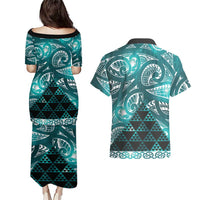 Matariki New Zealand Couples Matching Puletasi and Hawaiian Shirt NZ Niho Taniwha Maori New Year Cyan Galaxy