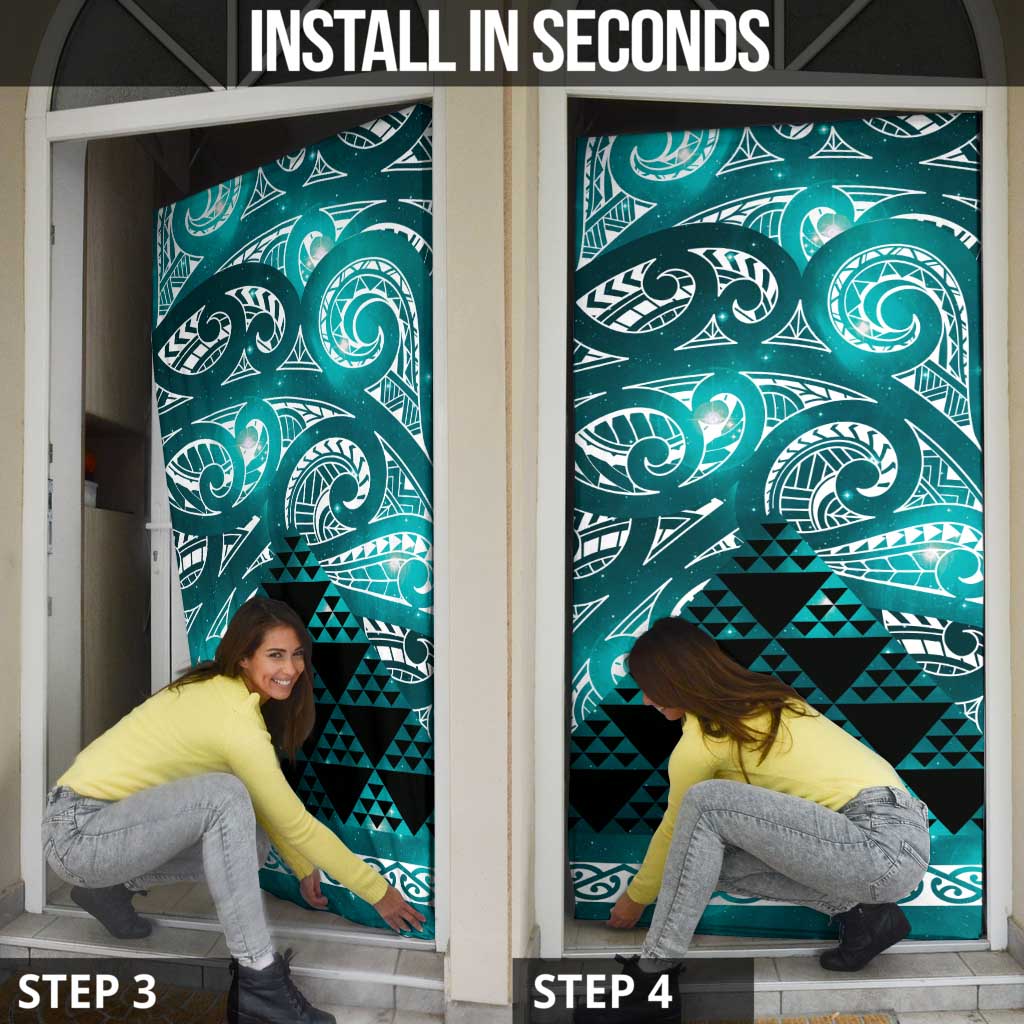 Matariki New Zealand Door Cover NZ Niho Taniwha Maori New Year Cyan Galaxy
