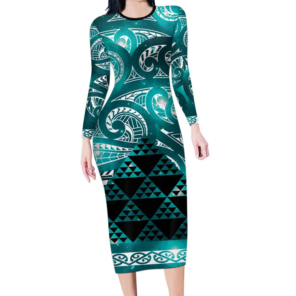 Matariki New Zealand Family Matching Long Sleeve Bodycon Dress and Hawaiian Shirt NZ Niho Taniwha Maori New Year Cyan Galaxy