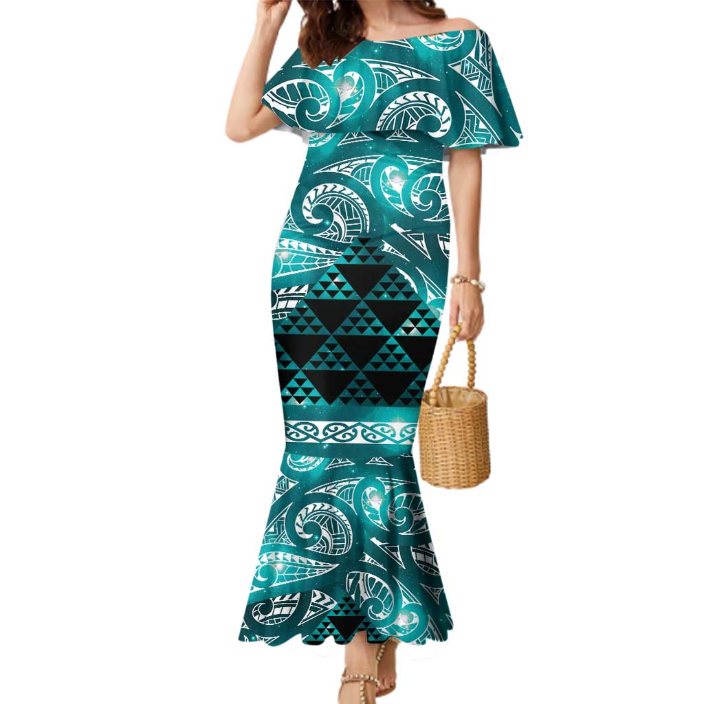 Matariki New Zealand Family Matching Mermaid Dress and Hawaiian Shirt NZ Niho Taniwha Maori New Year Cyan Galaxy