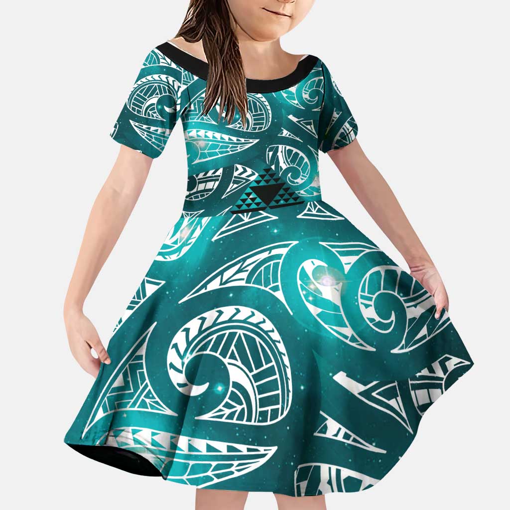 Matariki New Zealand Family Matching Off Shoulder Maxi Dress and Hawaiian Shirt NZ Niho Taniwha Maori New Year Cyan Galaxy