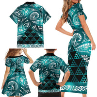 Matariki New Zealand Family Matching Short Sleeve Bodycon Dress and Hawaiian Shirt NZ Niho Taniwha Maori New Year Cyan Galaxy