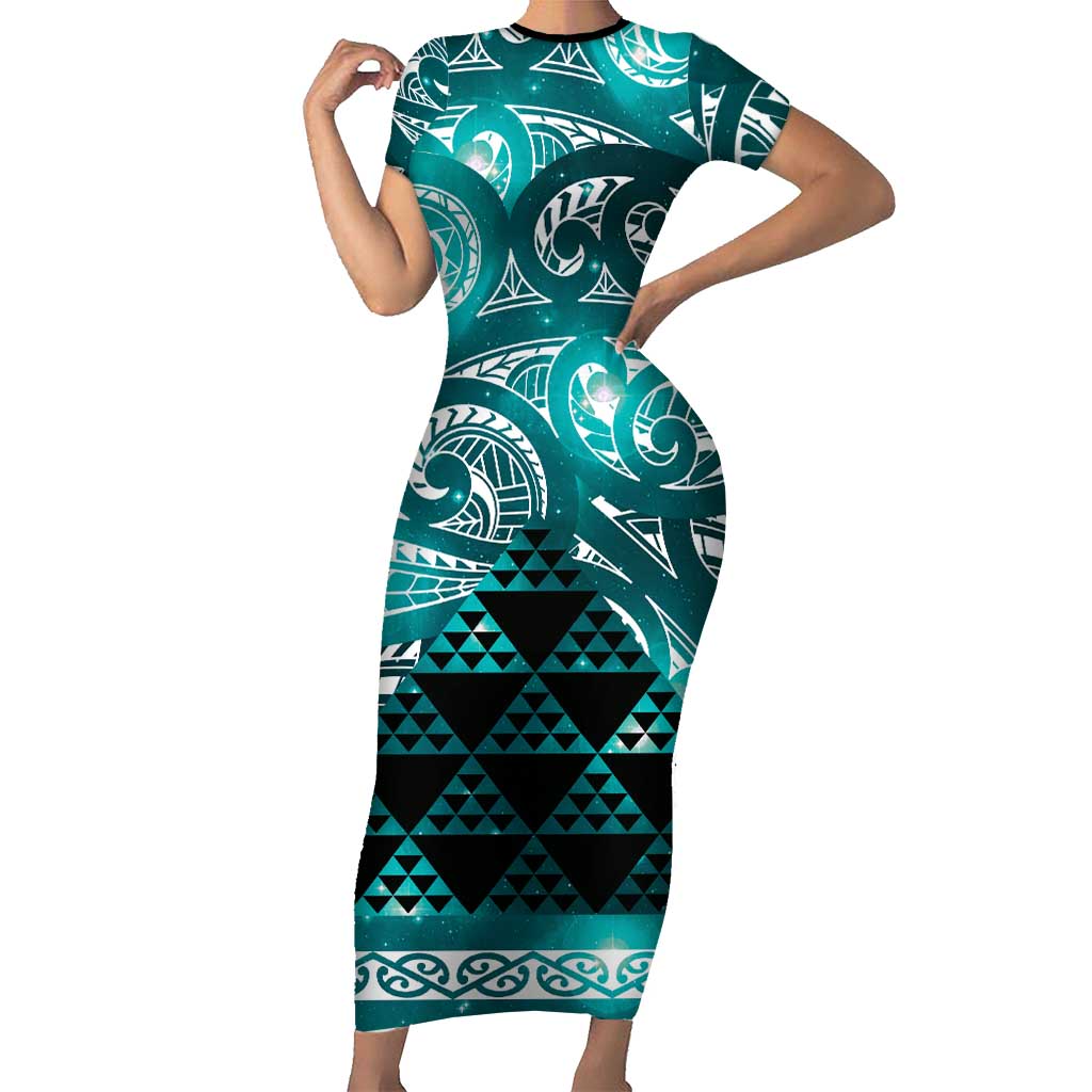 Matariki New Zealand Family Matching Short Sleeve Bodycon Dress and Hawaiian Shirt NZ Niho Taniwha Maori New Year Cyan Galaxy