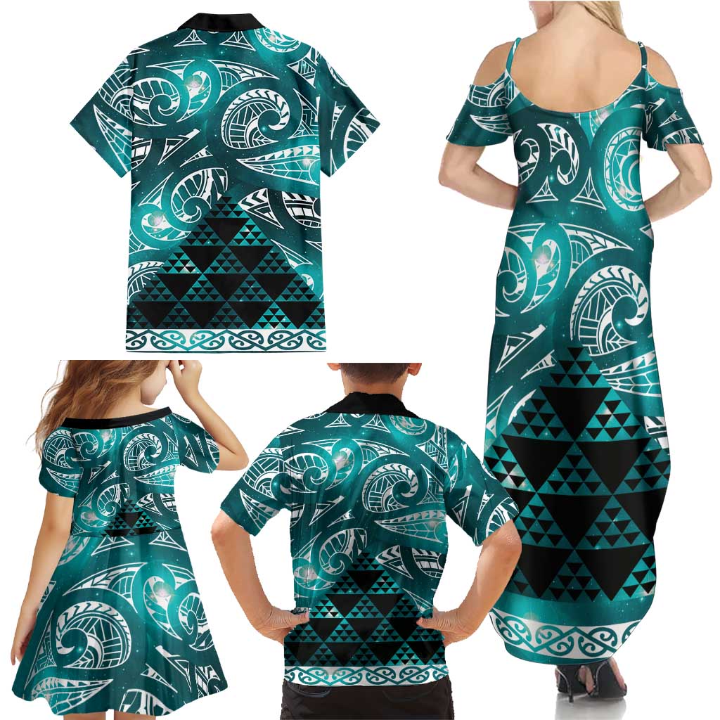 Matariki New Zealand Family Matching Summer Maxi Dress and Hawaiian Shirt NZ Niho Taniwha Maori New Year Cyan Galaxy