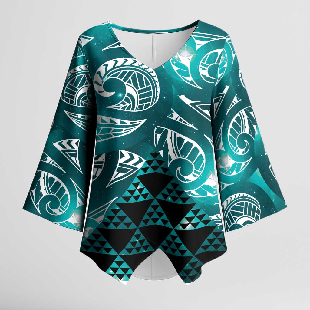 Matariki New Zealand Kimono Sleeve Blouse NZ Niho Taniwha Maori New Year Cyan Galaxy