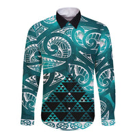 Matariki New Zealand Long Sleeve Button Shirt NZ Niho Taniwha Maori New Year Cyan Galaxy LT14 Unisex Cyan - Polynesian Pride