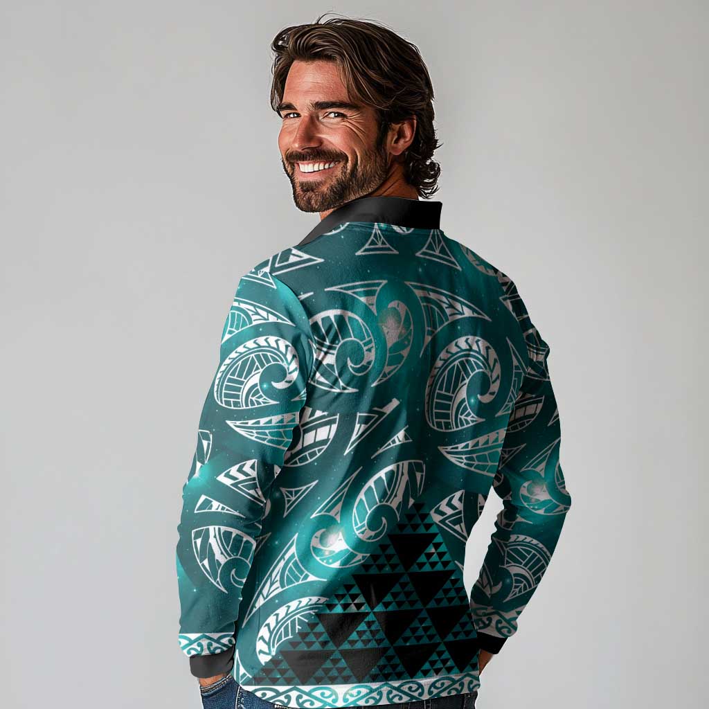 Matariki New Zealand Long Sleeve Polo Shirt NZ Niho Taniwha Maori New Year Cyan Galaxy