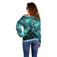 Matariki New Zealand Off Shoulder Sweater NZ Niho Taniwha Maori New Year Cyan Galaxy