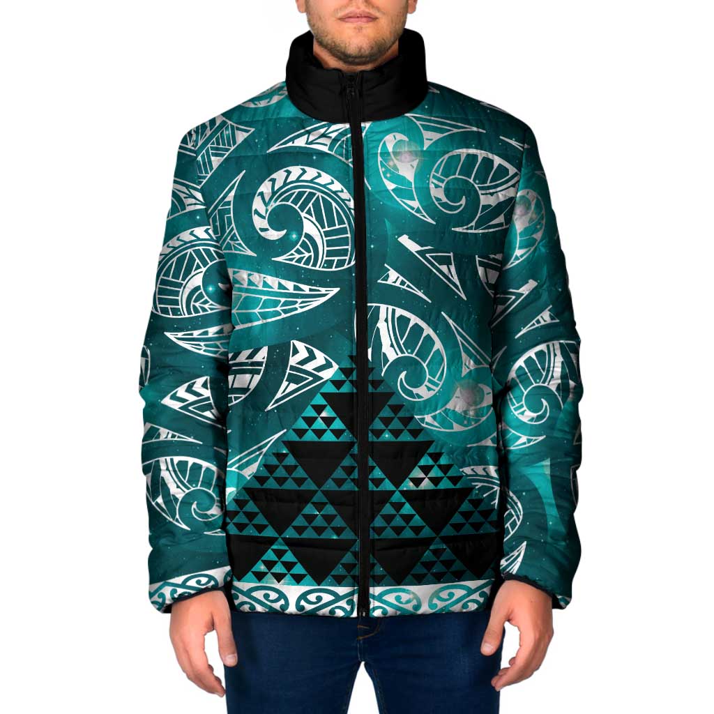 Matariki New Zealand Padded Jacket NZ Niho Taniwha Maori New Year Cyan Galaxy