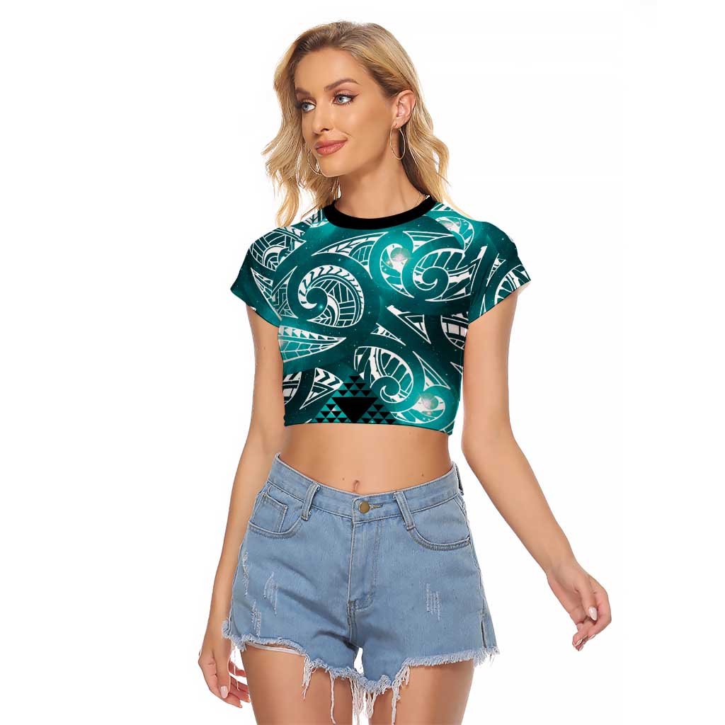 Matariki New Zealand Raglan Cropped T Shirt NZ Niho Taniwha Maori New Year Cyan Galaxy