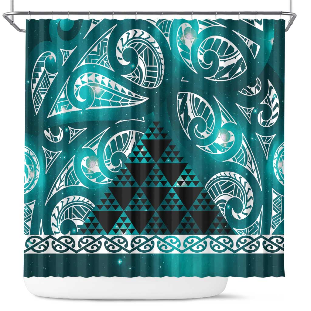 Matariki New Zealand Shower Curtain NZ Niho Taniwha Maori New Year Cyan Galaxy