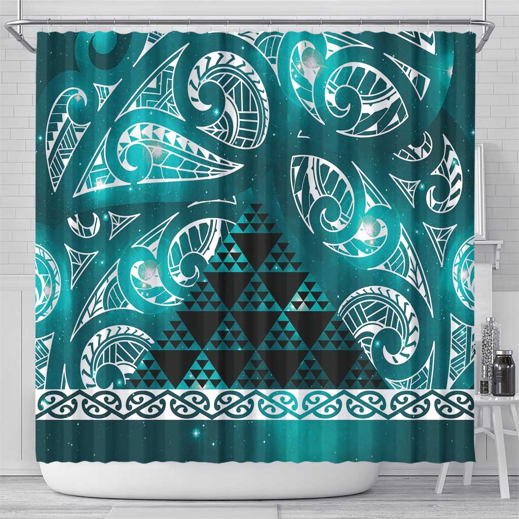 Matariki New Zealand Shower Curtain NZ Niho Taniwha Maori New Year Cyan Galaxy