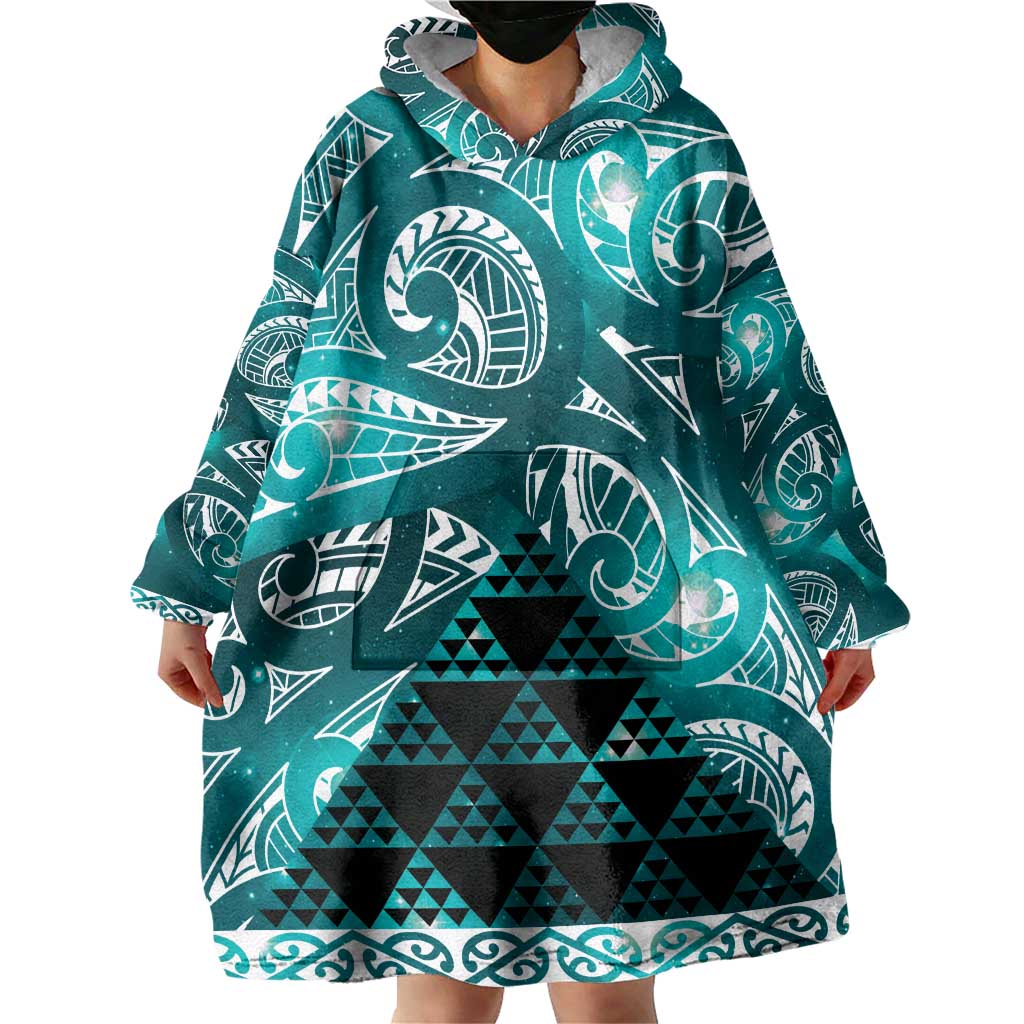 Matariki New Zealand Wearable Blanket Hoodie NZ Niho Taniwha Maori New Year Cyan Galaxy