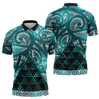Matariki New Zealand Zipper Polo Shirt NZ Niho Taniwha Maori New Year Cyan Galaxy
