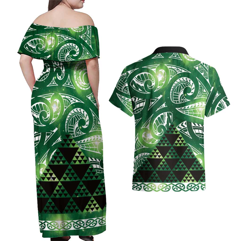Matariki New Zealand Couples Matching Off Shoulder Maxi Dress and Hawaiian Shirt NZ Niho Taniwha Maori New Year Green Galaxy