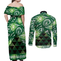 Matariki New Zealand Couples Matching Off Shoulder Maxi Dress and Long Sleeve Button Shirt NZ Niho Taniwha Maori New Year Green Galaxy