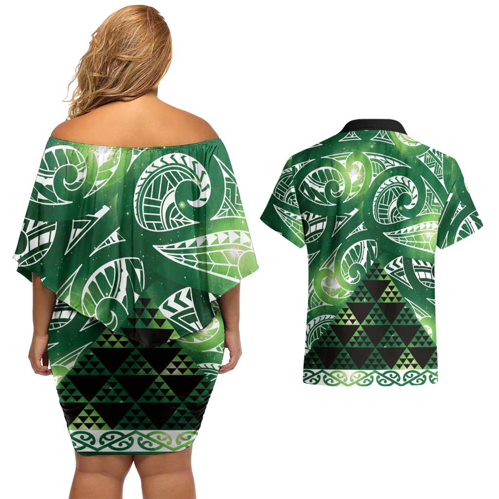 Matariki New Zealand Couples Matching Off Shoulder Short Dress and Hawaiian Shirt NZ Niho Taniwha Maori New Year Green Galaxy