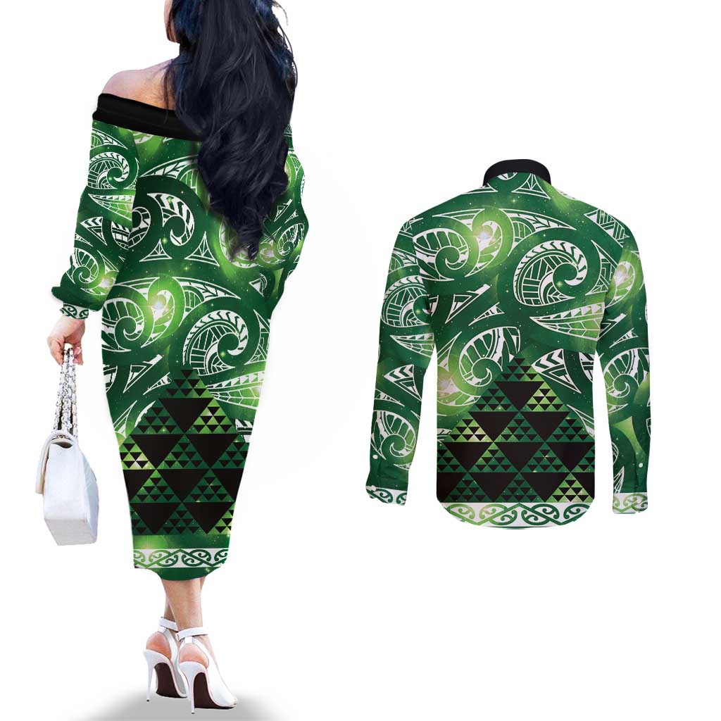 Matariki New Zealand Couples Matching Off The Shoulder Long Sleeve Dress and Long Sleeve Button Shirt NZ Niho Taniwha Maori New Year Green Galaxy