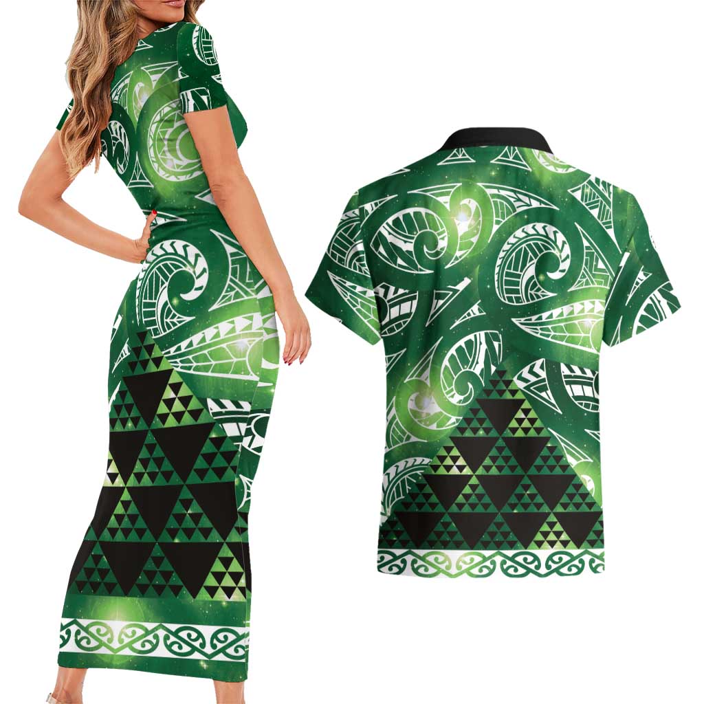 Matariki New Zealand Couples Matching Short Sleeve Bodycon Dress and Hawaiian Shirt NZ Niho Taniwha Maori New Year Green Galaxy