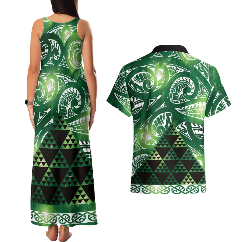 Matariki New Zealand Couples Matching Tank Maxi Dress and Hawaiian Shirt NZ Niho Taniwha Maori New Year Green Galaxy