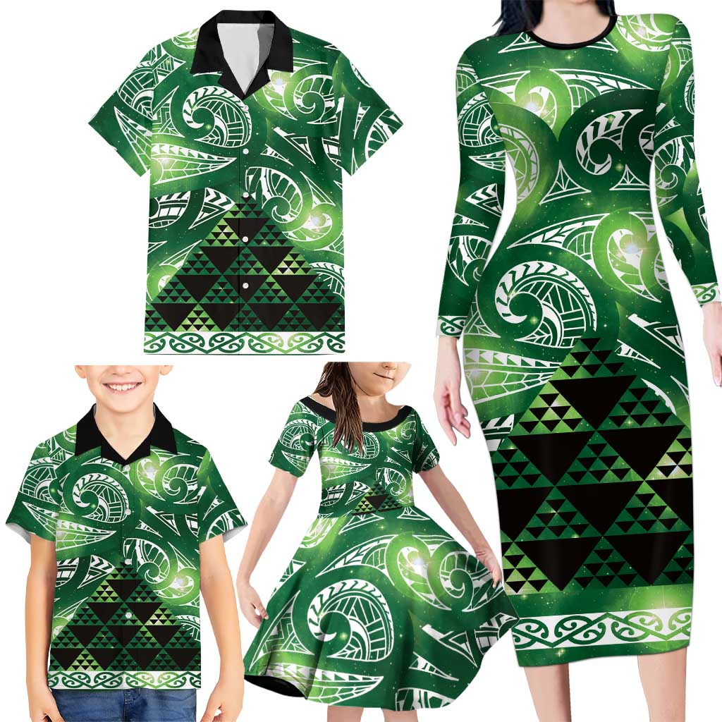 Matariki New Zealand Family Matching Long Sleeve Bodycon Dress and Hawaiian Shirt NZ Niho Taniwha Maori New Year Green Galaxy LT14 - Polynesian Pride