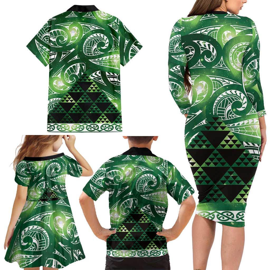 Matariki New Zealand Family Matching Long Sleeve Bodycon Dress and Hawaiian Shirt NZ Niho Taniwha Maori New Year Green Galaxy LT14 - Polynesian Pride