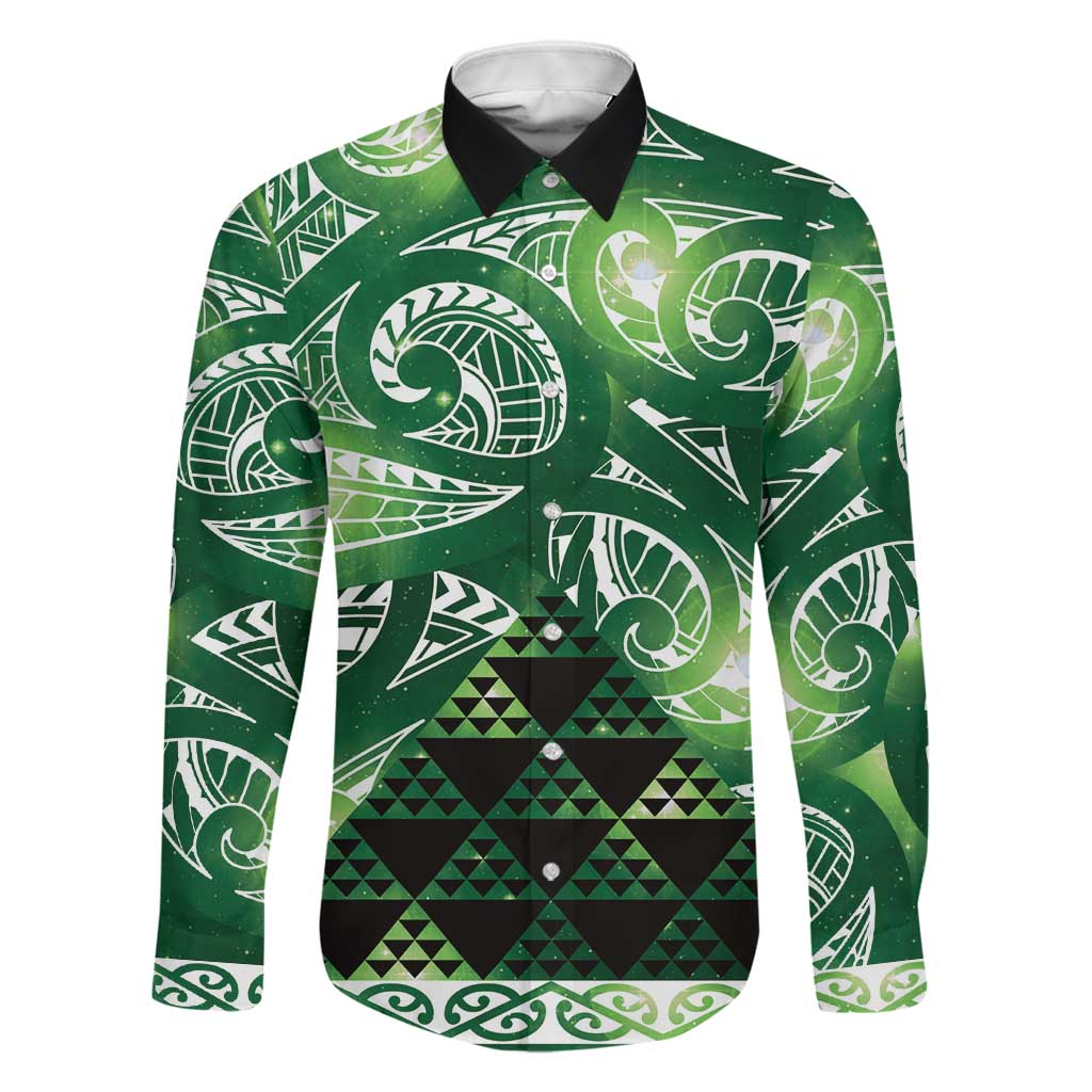 Matariki New Zealand Family Matching Long Sleeve Bodycon Dress and Hawaiian Shirt NZ Niho Taniwha Maori New Year Green Galaxy LT14 Dad's Shirt - Long Sleeve Green - Polynesian Pride