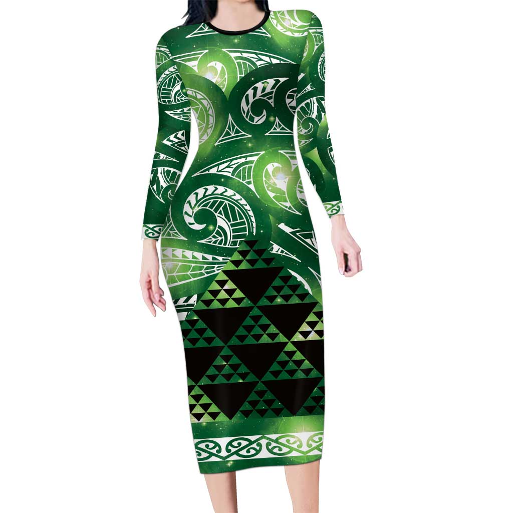 Matariki New Zealand Family Matching Long Sleeve Bodycon Dress and Hawaiian Shirt NZ Niho Taniwha Maori New Year Green Galaxy LT14 Mom's Dress Green - Polynesian Pride