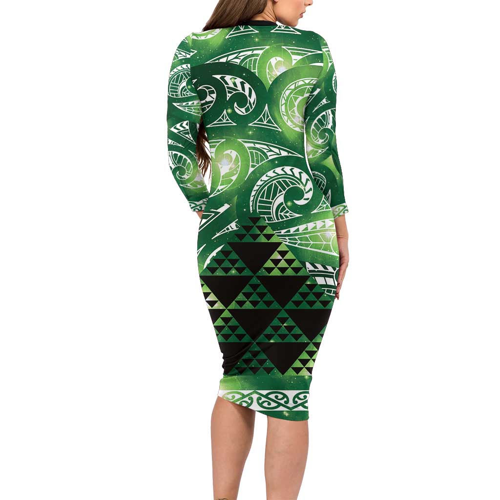 Matariki New Zealand Family Matching Long Sleeve Bodycon Dress and Hawaiian Shirt NZ Niho Taniwha Maori New Year Green Galaxy LT14 - Polynesian Pride
