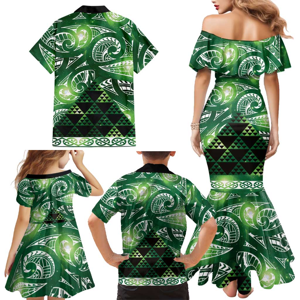 Matariki New Zealand Family Matching Mermaid Dress and Hawaiian Shirt NZ Niho Taniwha Maori New Year Green Galaxy