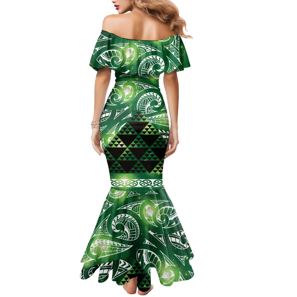 Matariki New Zealand Family Matching Mermaid Dress and Hawaiian Shirt NZ Niho Taniwha Maori New Year Green Galaxy