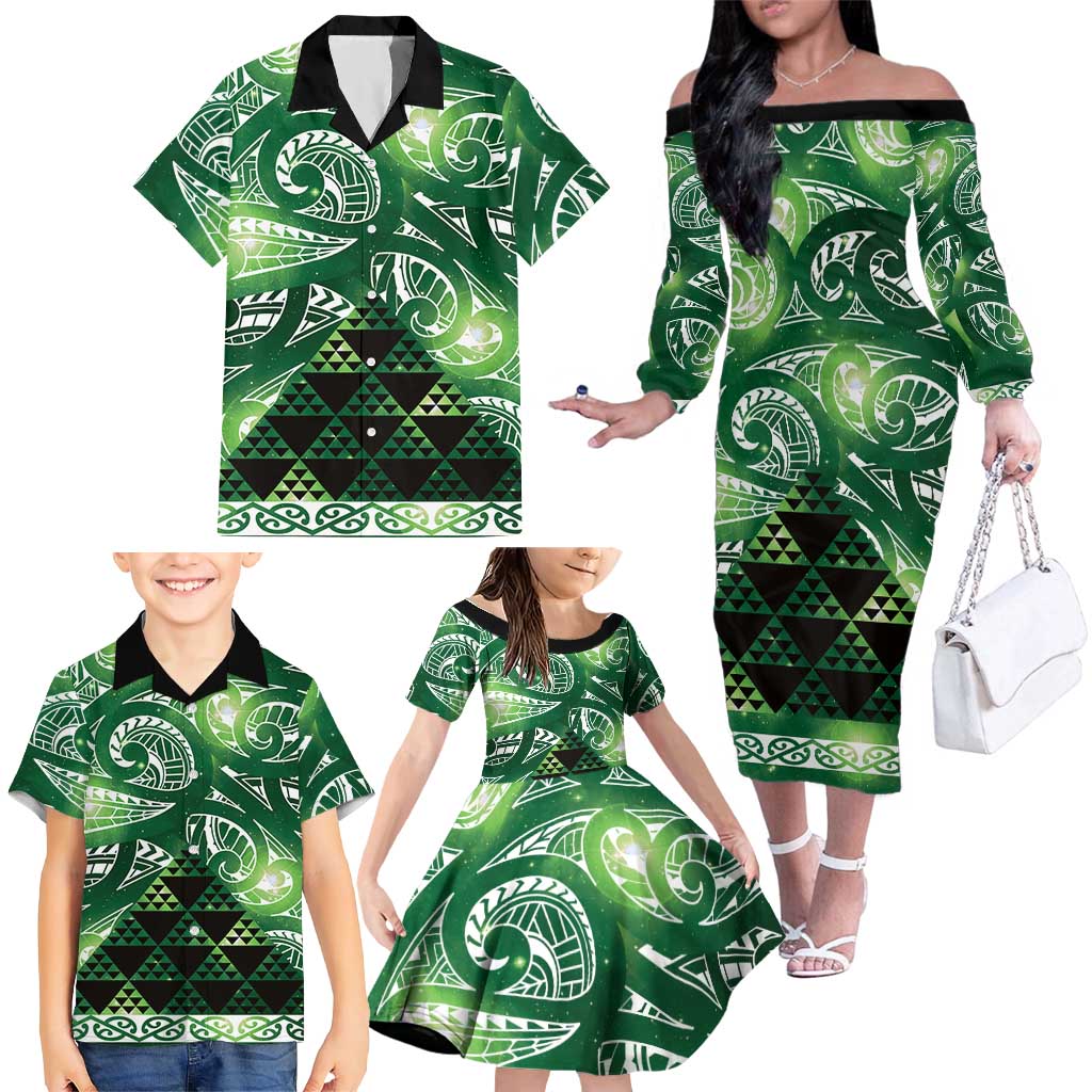 Matariki New Zealand Family Matching Off The Shoulder Long Sleeve Dress and Hawaiian Shirt NZ Niho Taniwha Maori New Year Green Galaxy LT14 - Polynesian Pride
