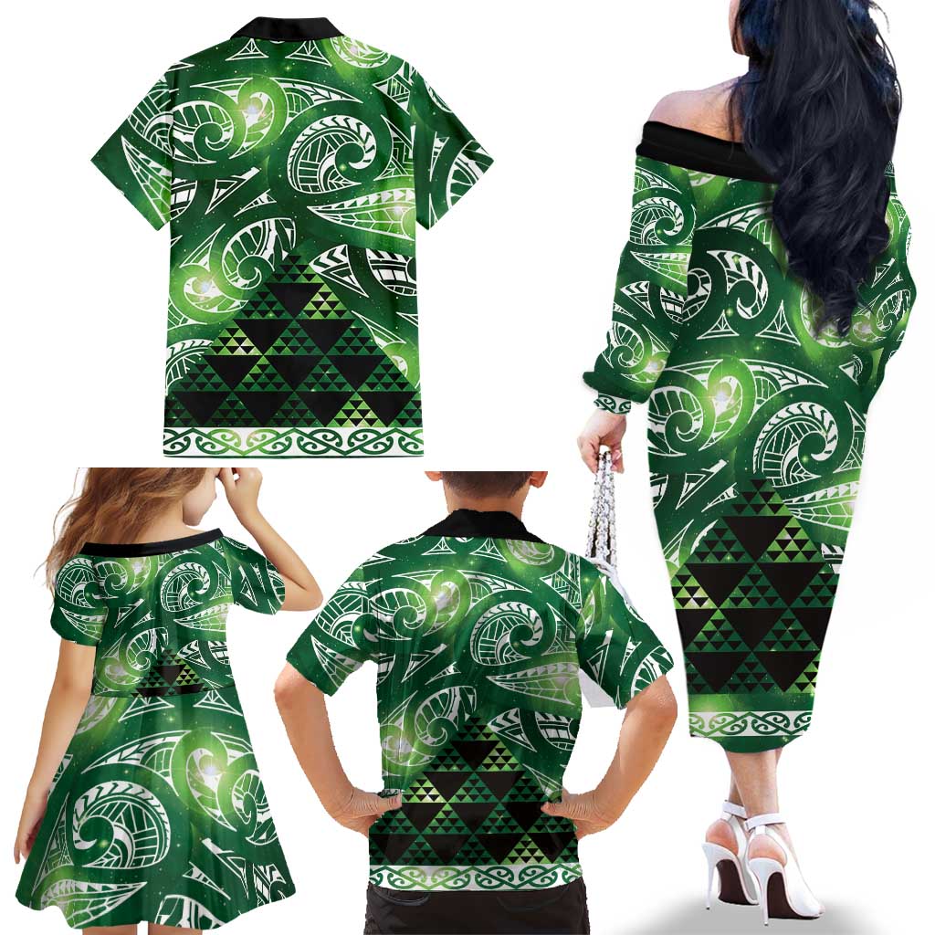 Matariki New Zealand Family Matching Off The Shoulder Long Sleeve Dress and Hawaiian Shirt NZ Niho Taniwha Maori New Year Green Galaxy LT14 - Polynesian Pride