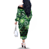 Matariki New Zealand Family Matching Off The Shoulder Long Sleeve Dress and Hawaiian Shirt NZ Niho Taniwha Maori New Year Green Galaxy LT14 - Polynesian Pride