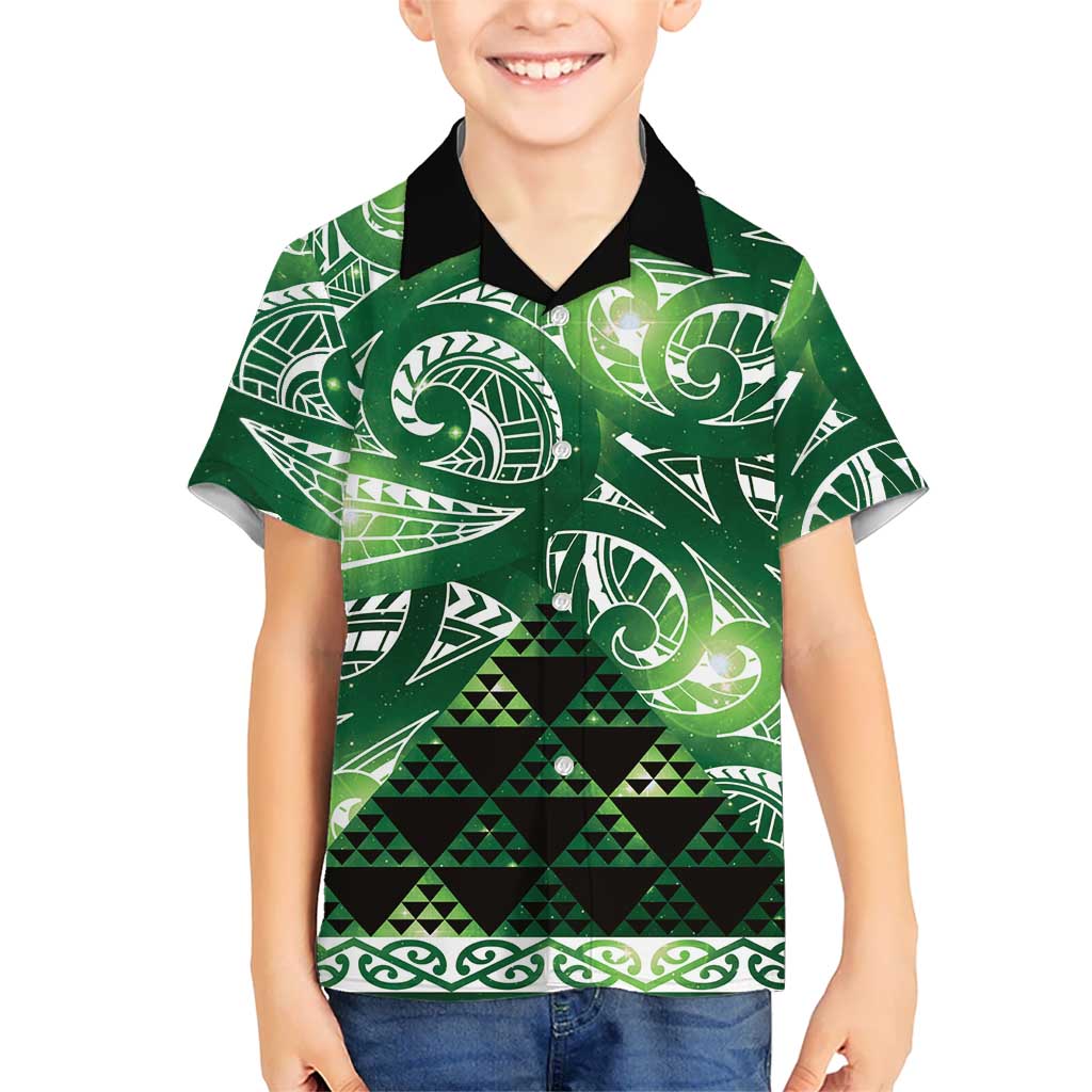 Matariki New Zealand Family Matching Off The Shoulder Long Sleeve Dress and Hawaiian Shirt NZ Niho Taniwha Maori New Year Green Galaxy LT14 Son's Shirt Green - Polynesian Pride