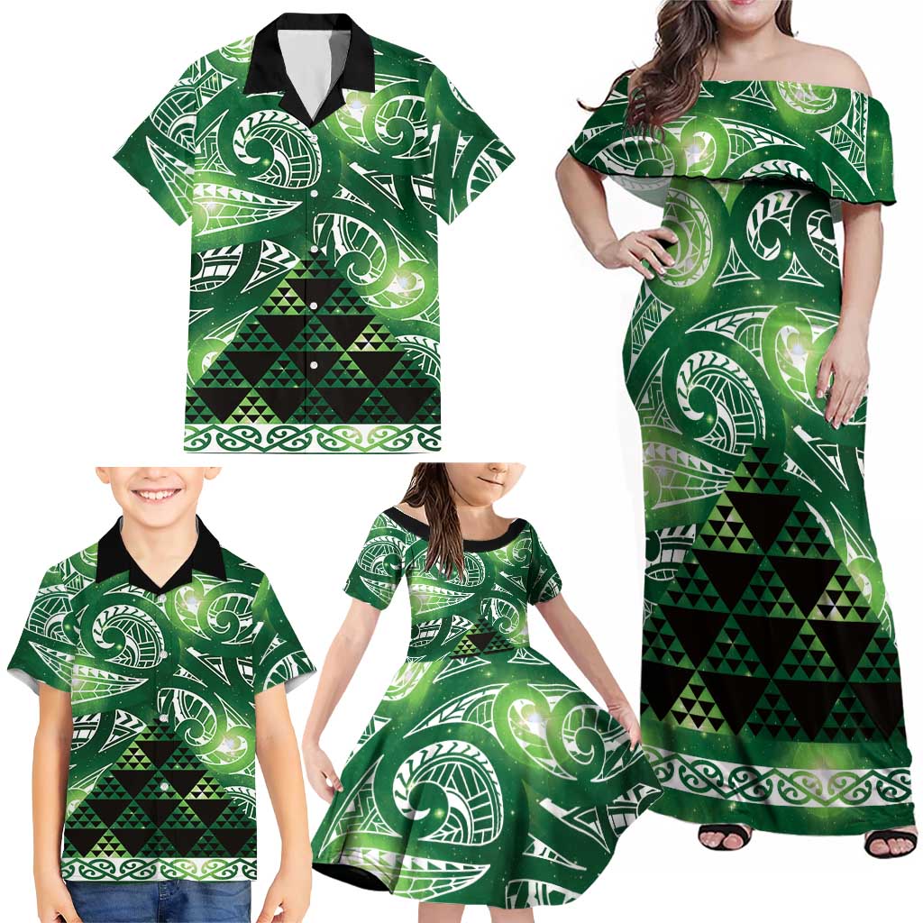 Matariki New Zealand Family Matching Off Shoulder Maxi Dress and Hawaiian Shirt NZ Niho Taniwha Maori New Year Green Galaxy LT14 - Polynesian Pride
