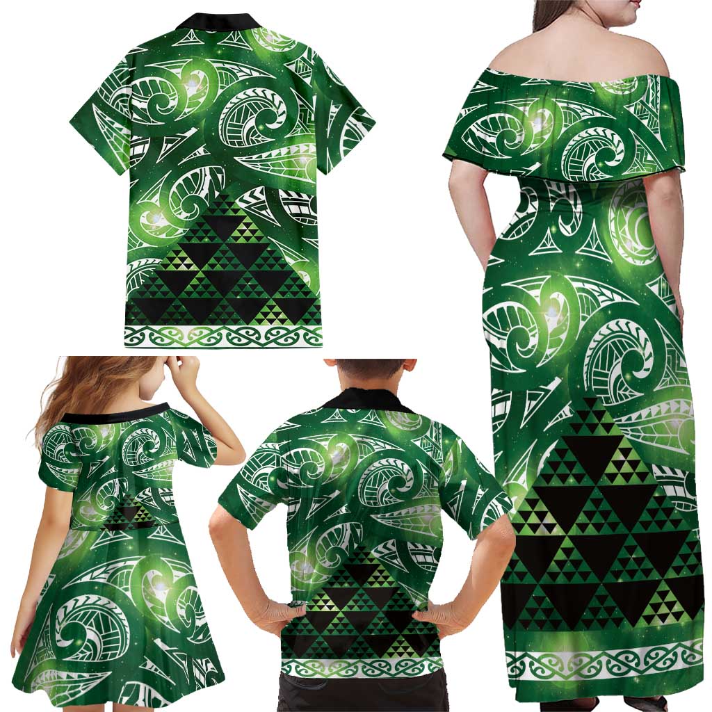 Matariki New Zealand Family Matching Off Shoulder Maxi Dress and Hawaiian Shirt NZ Niho Taniwha Maori New Year Green Galaxy LT14 - Polynesian Pride