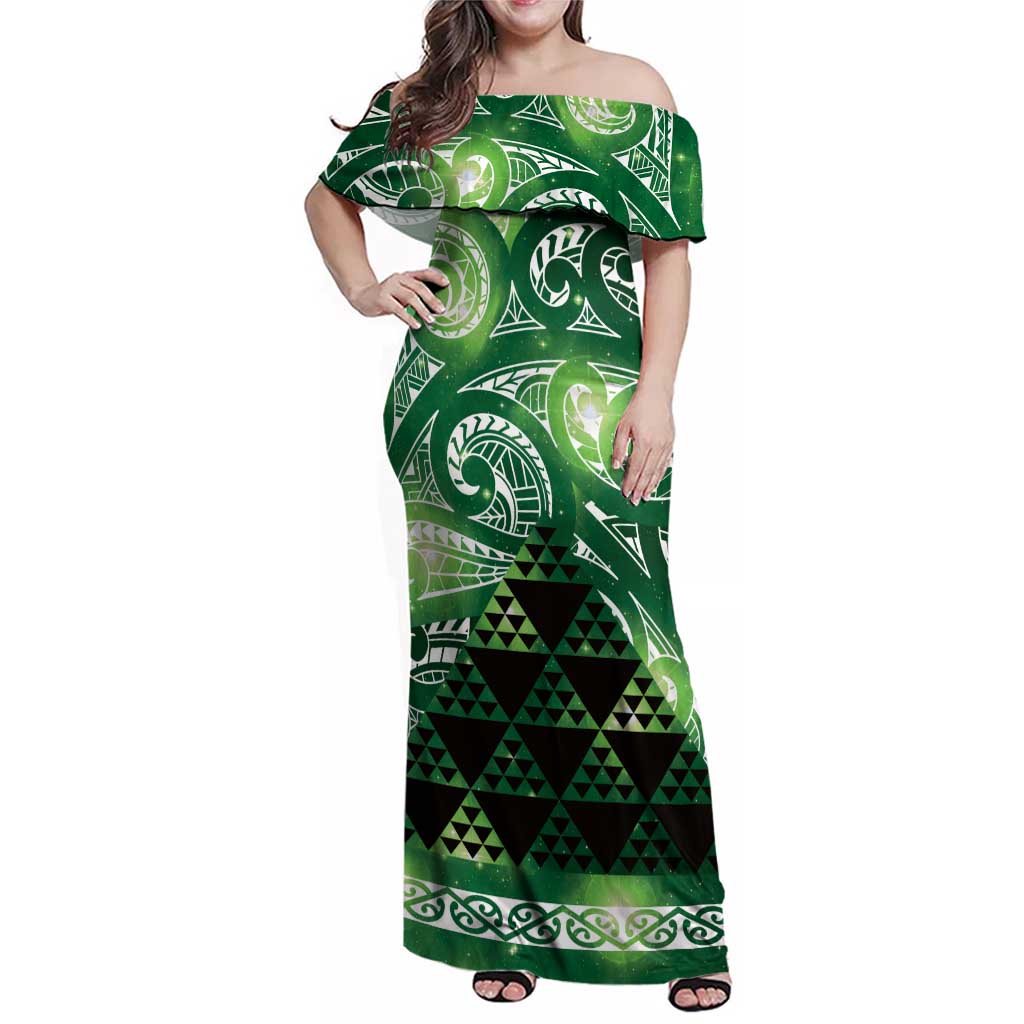 Matariki New Zealand Family Matching Off Shoulder Maxi Dress and Hawaiian Shirt NZ Niho Taniwha Maori New Year Green Galaxy LT14 Mom's Dress Green - Polynesian Pride