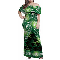 Matariki New Zealand Family Matching Off Shoulder Maxi Dress and Hawaiian Shirt NZ Niho Taniwha Maori New Year Green Galaxy LT14 Mom's Dress Green - Polynesian Pride