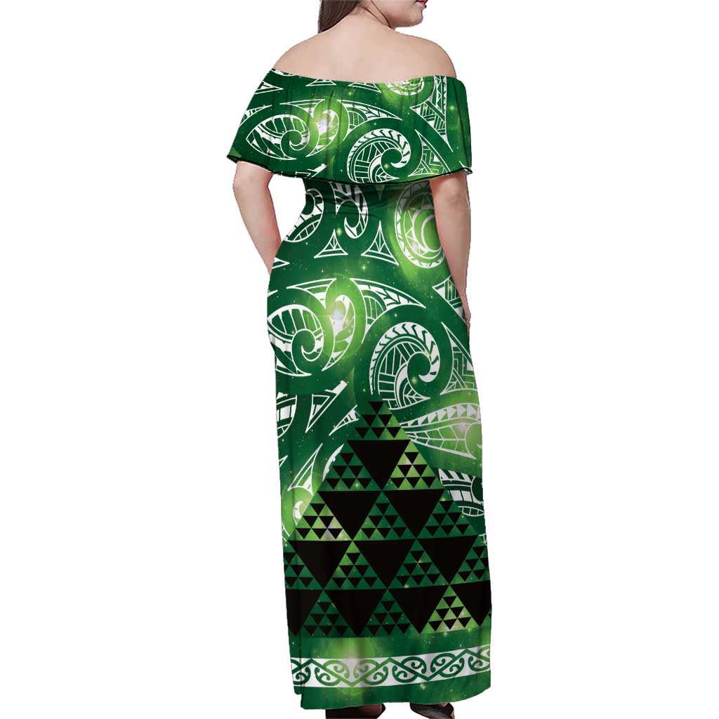 Matariki New Zealand Family Matching Off Shoulder Maxi Dress and Hawaiian Shirt NZ Niho Taniwha Maori New Year Green Galaxy LT14 - Polynesian Pride