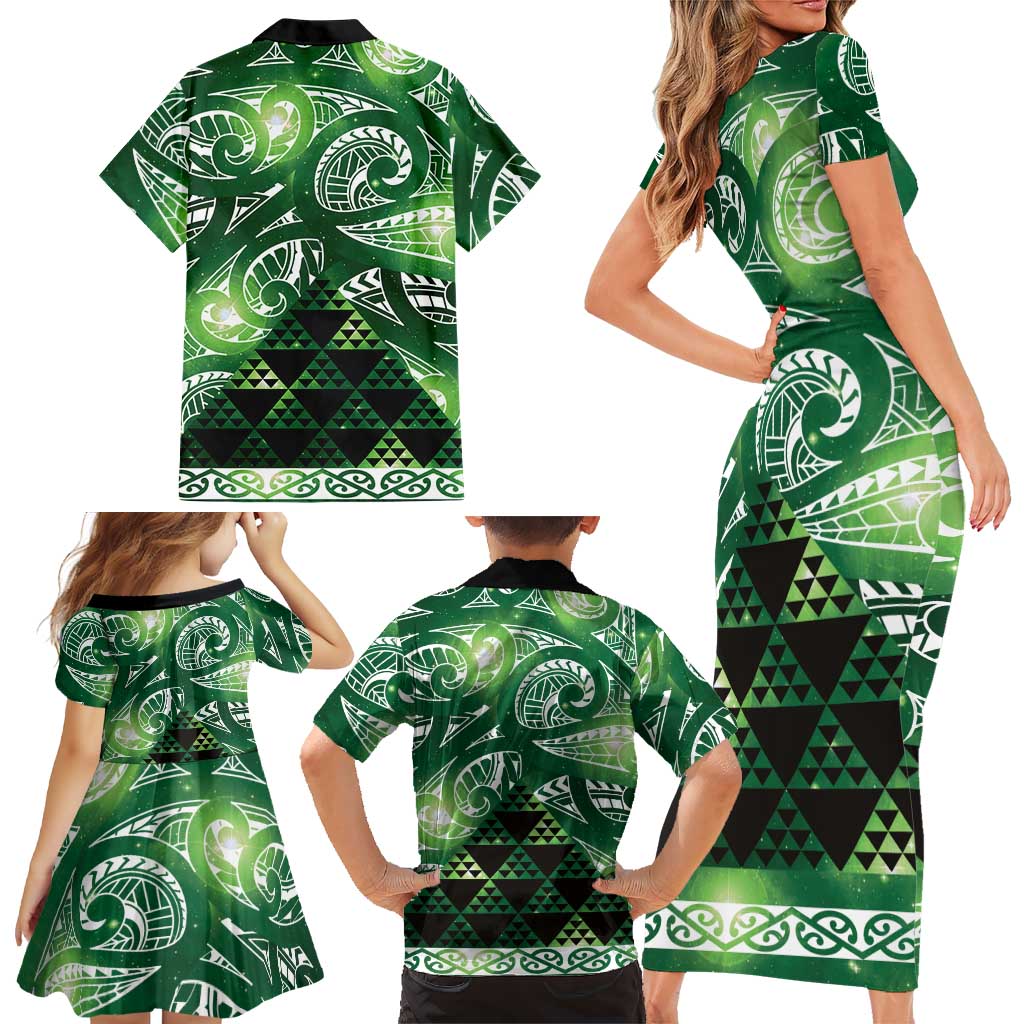 Matariki New Zealand Family Matching Short Sleeve Bodycon Dress and Hawaiian Shirt NZ Niho Taniwha Maori New Year Green Galaxy LT14 - Polynesian Pride