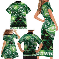 Matariki New Zealand Family Matching Short Sleeve Bodycon Dress and Hawaiian Shirt NZ Niho Taniwha Maori New Year Green Galaxy LT14 - Polynesian Pride