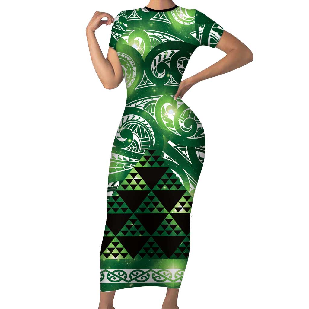 Matariki New Zealand Family Matching Short Sleeve Bodycon Dress and Hawaiian Shirt NZ Niho Taniwha Maori New Year Green Galaxy LT14 Mom's Dress Green - Polynesian Pride