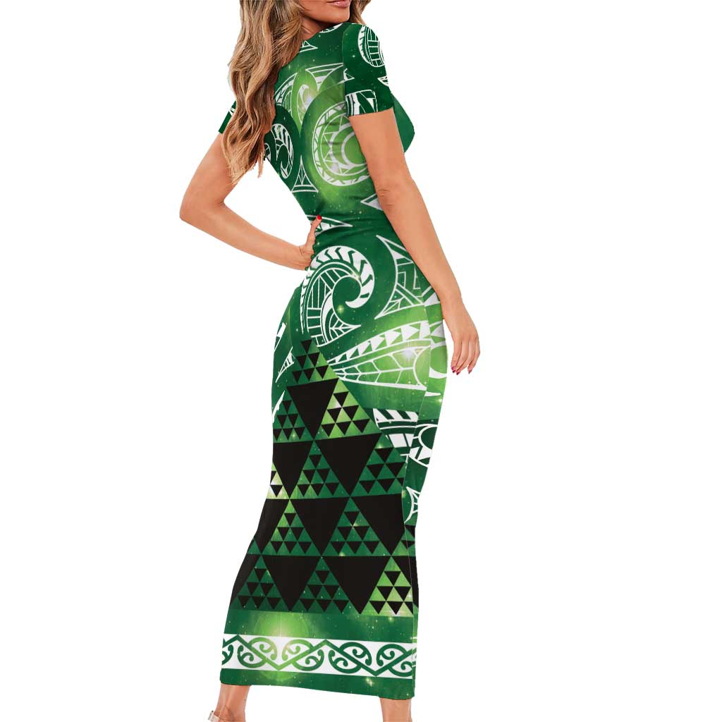 Matariki New Zealand Family Matching Short Sleeve Bodycon Dress and Hawaiian Shirt NZ Niho Taniwha Maori New Year Green Galaxy LT14 - Polynesian Pride